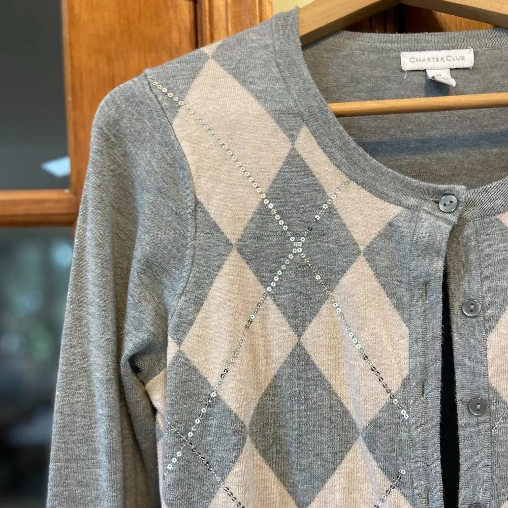 Charter Club grey and pink with sequins cardigan sweater, size M - Picture 3 of 4